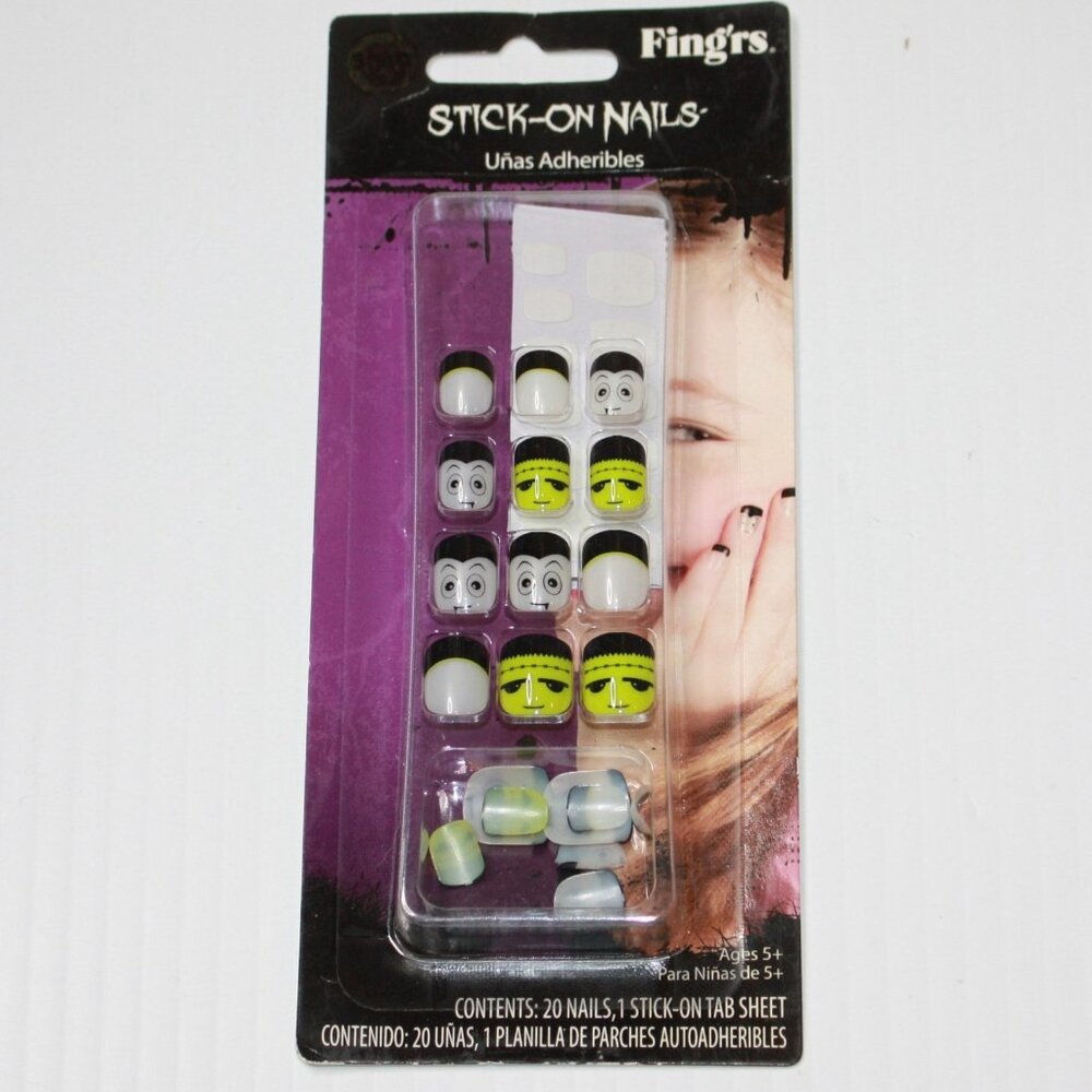 Fing'rs Halloween 20 Stick on Nails for Little Fingers Dracula Frankenstein NEW
